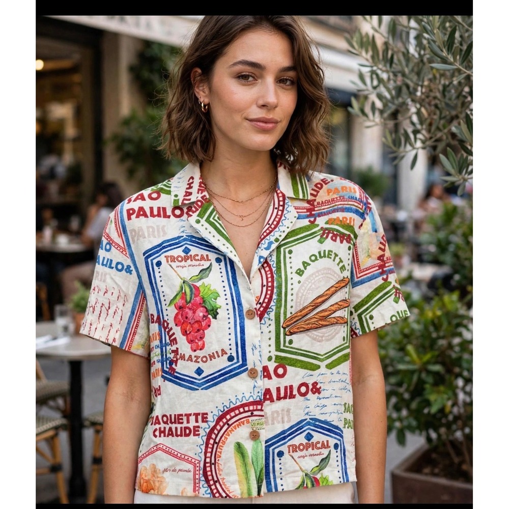 Rachel Zoe Women Multi Color Travel Stamp Print Linen Rayon Button Down Shirt M